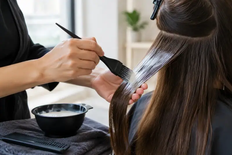 Salonda bir saç tutamına keratin bakım ürünü uygulanması